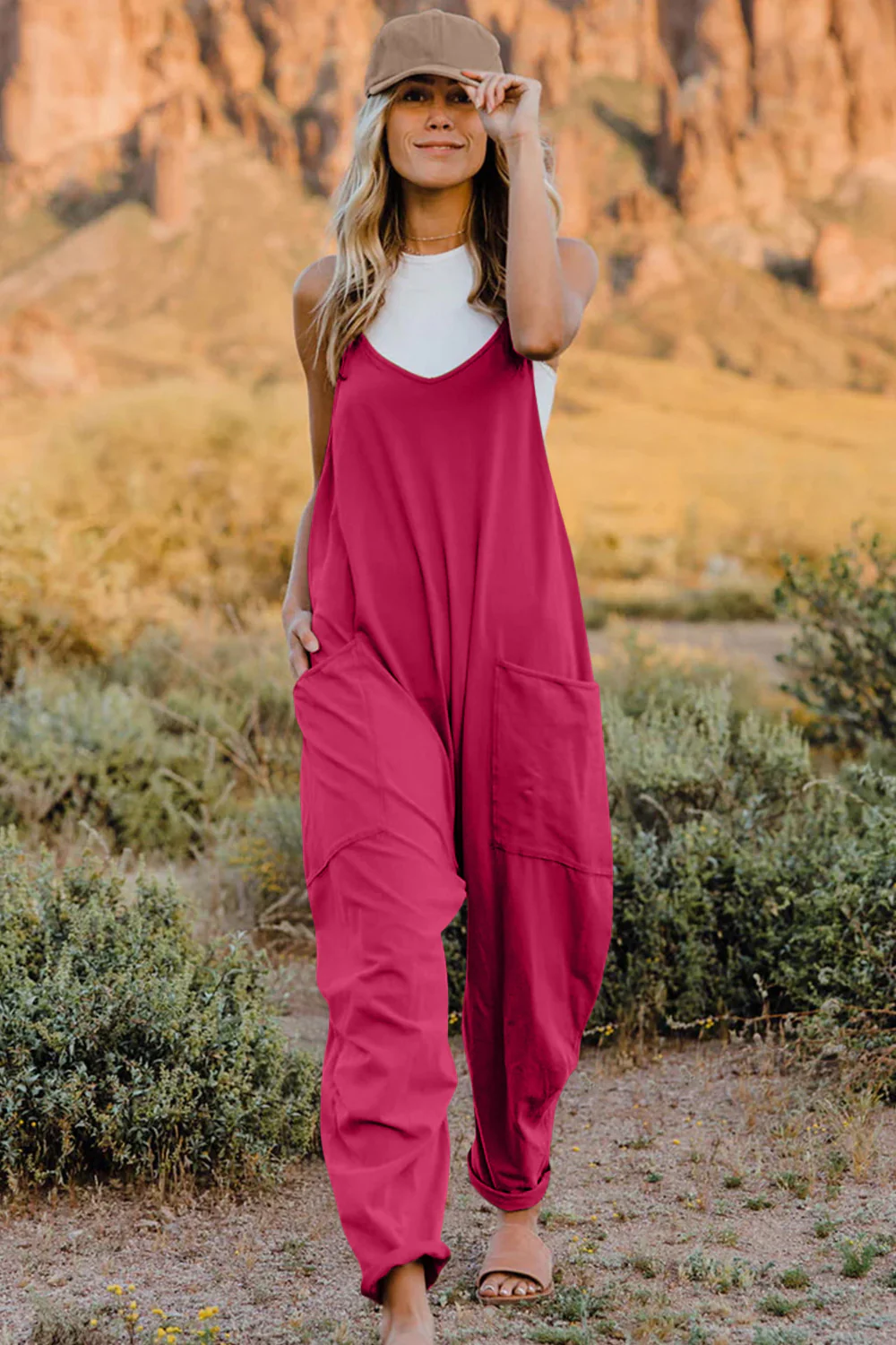 V-Neck Sleeveless Jumpsuit with Pocket