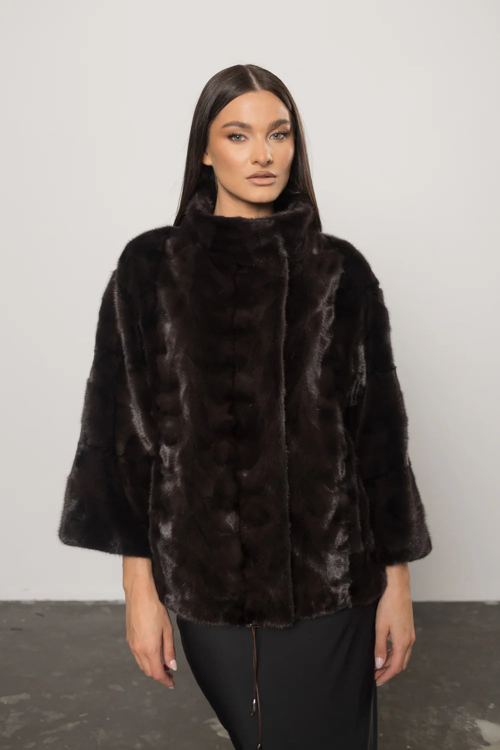 Haină din Blană Naturală de Vizon, Mâneci 3/4, Femei, Dark Brown 398