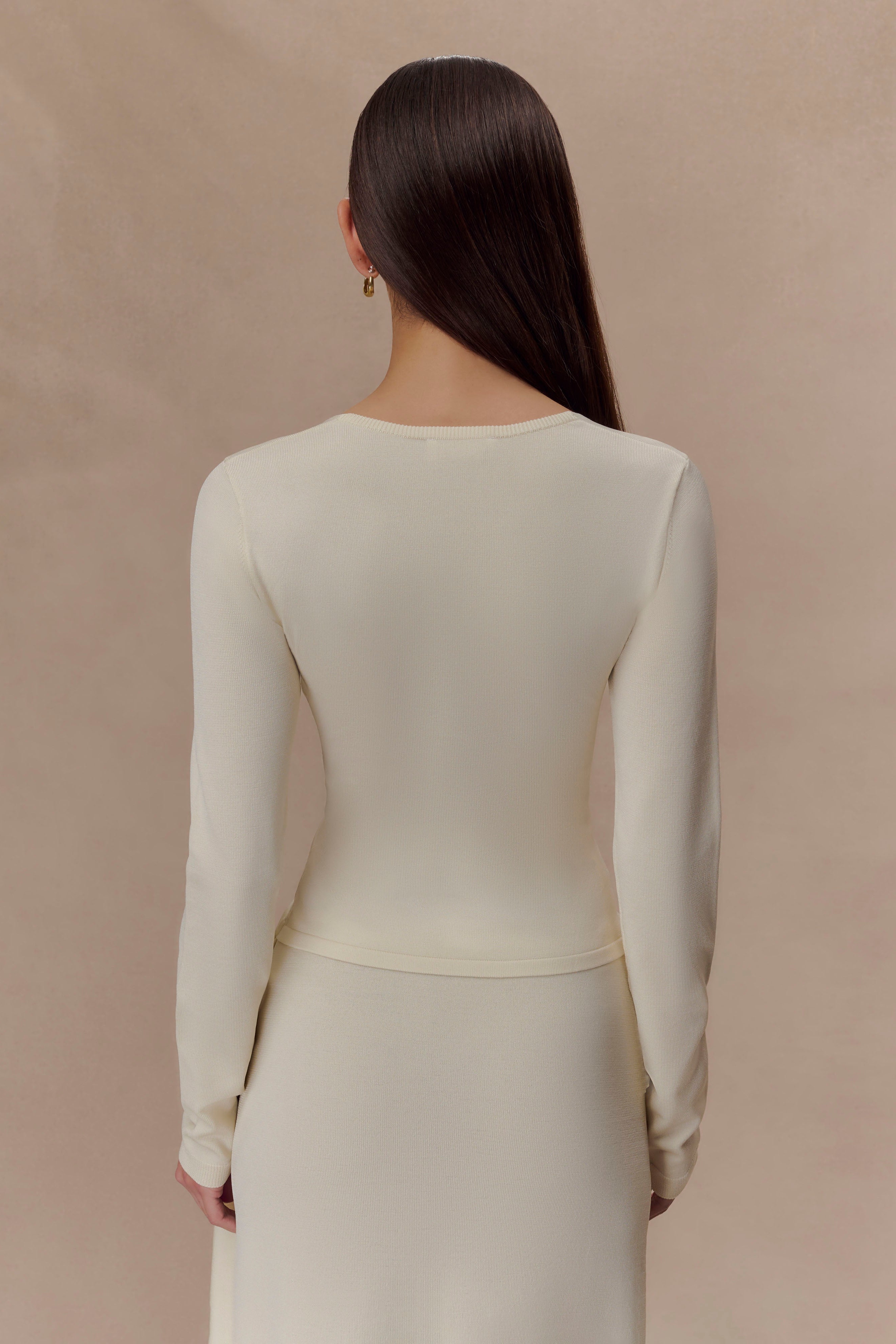 Ivory Front Ruched Knit Long Sleeve Top