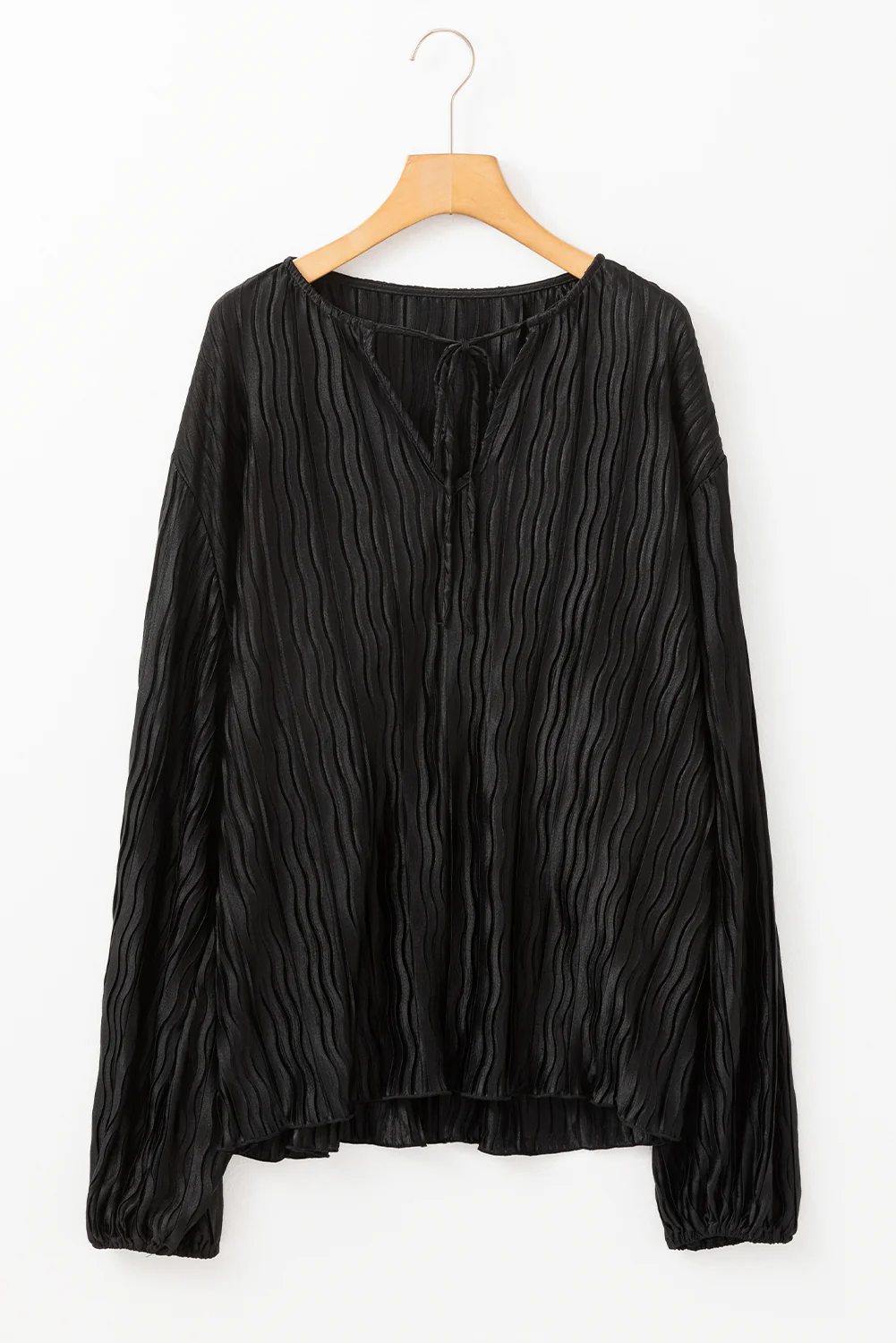 Textured Bubble Sleeve V Neck Loose Blouse