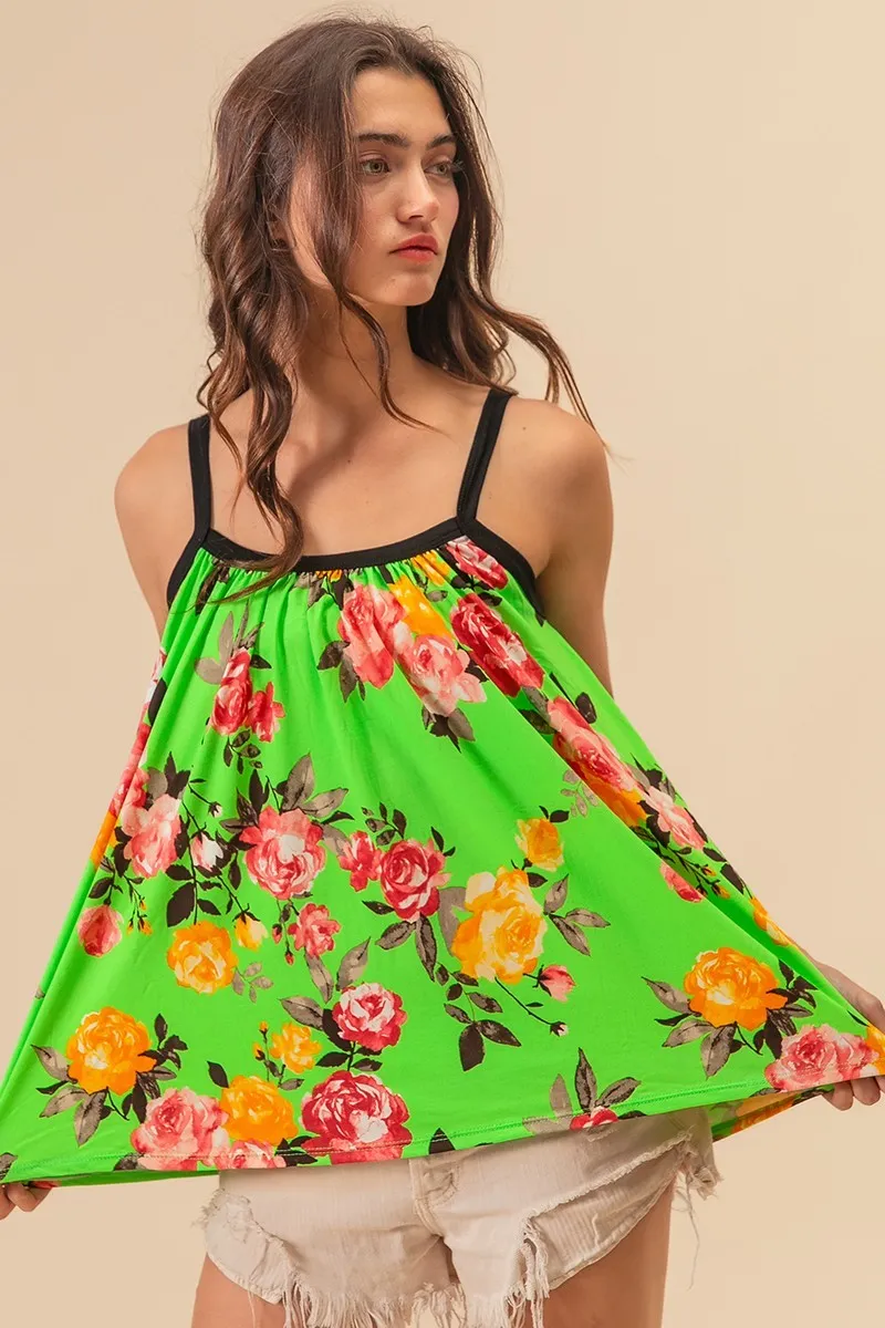 Floral Print Jersey Knit Gathering Cami Top