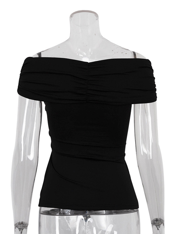 Knot Pleated Solid Color Split-Joint Short Sleeves Skinny Boat Neck T-Shirts Tops