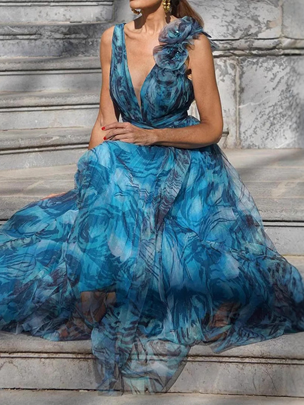 Flower Printed Sleeveless V-Neck Ruffled Elegant Backless Maxi Dresses