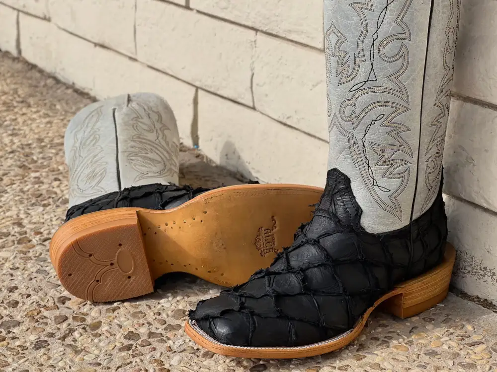 Men’s Black Matte Pirarucu Exotic Boots With White Shaft