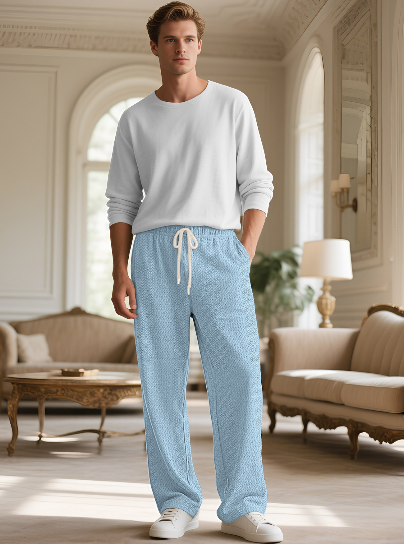 Men's Waffle Drawstring Sportswear Straight Pants