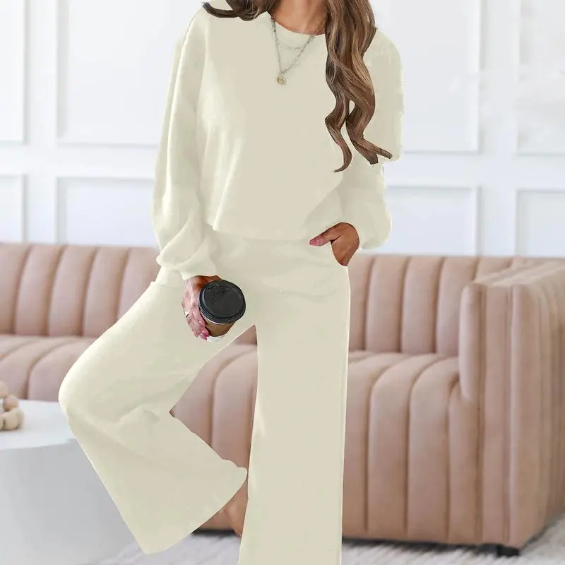 Women's Spring Fall Relaxed Fit 2-Piece Lounge Set | Long Sleeve Top & Wide Leg Pants