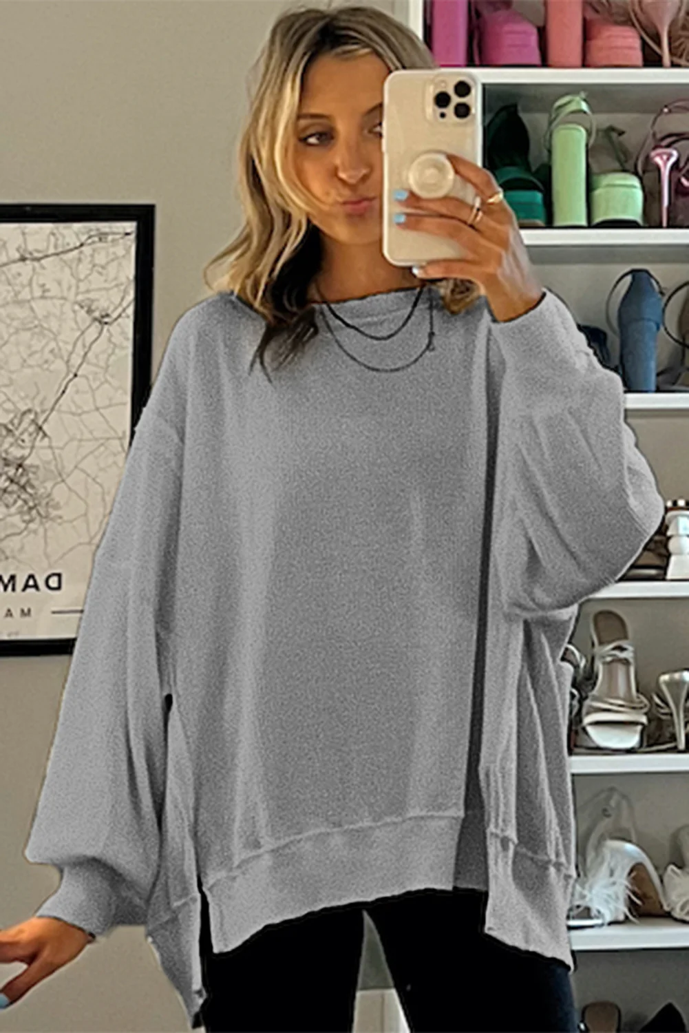 Waffle knit Bishop Sleeve Split Oversized Top