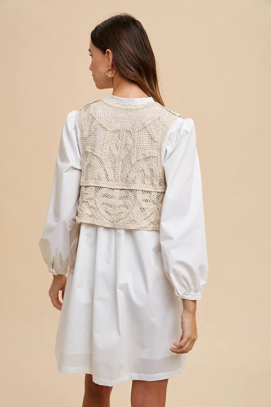 Wear Crochet Vest Notched Long Sleeve Shirt Dress