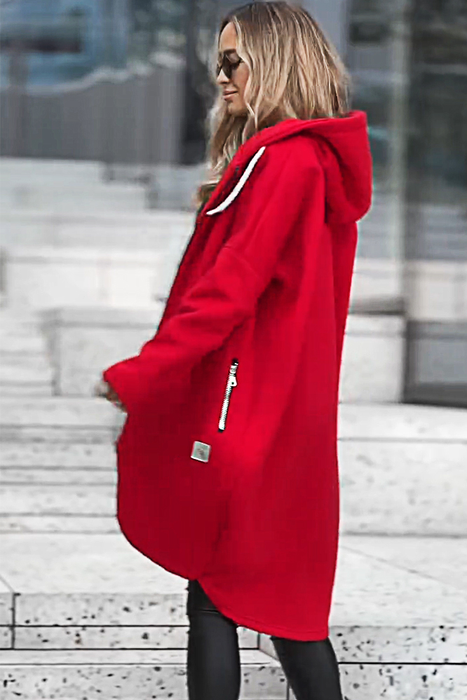 Zipper hooded casual mid length jacket