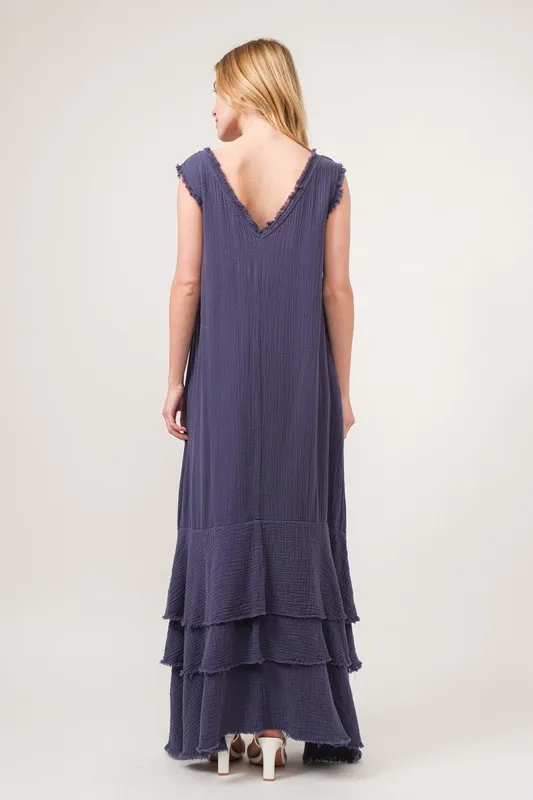 Washed Cotton Gauze Fringe Detail Tiered Dress