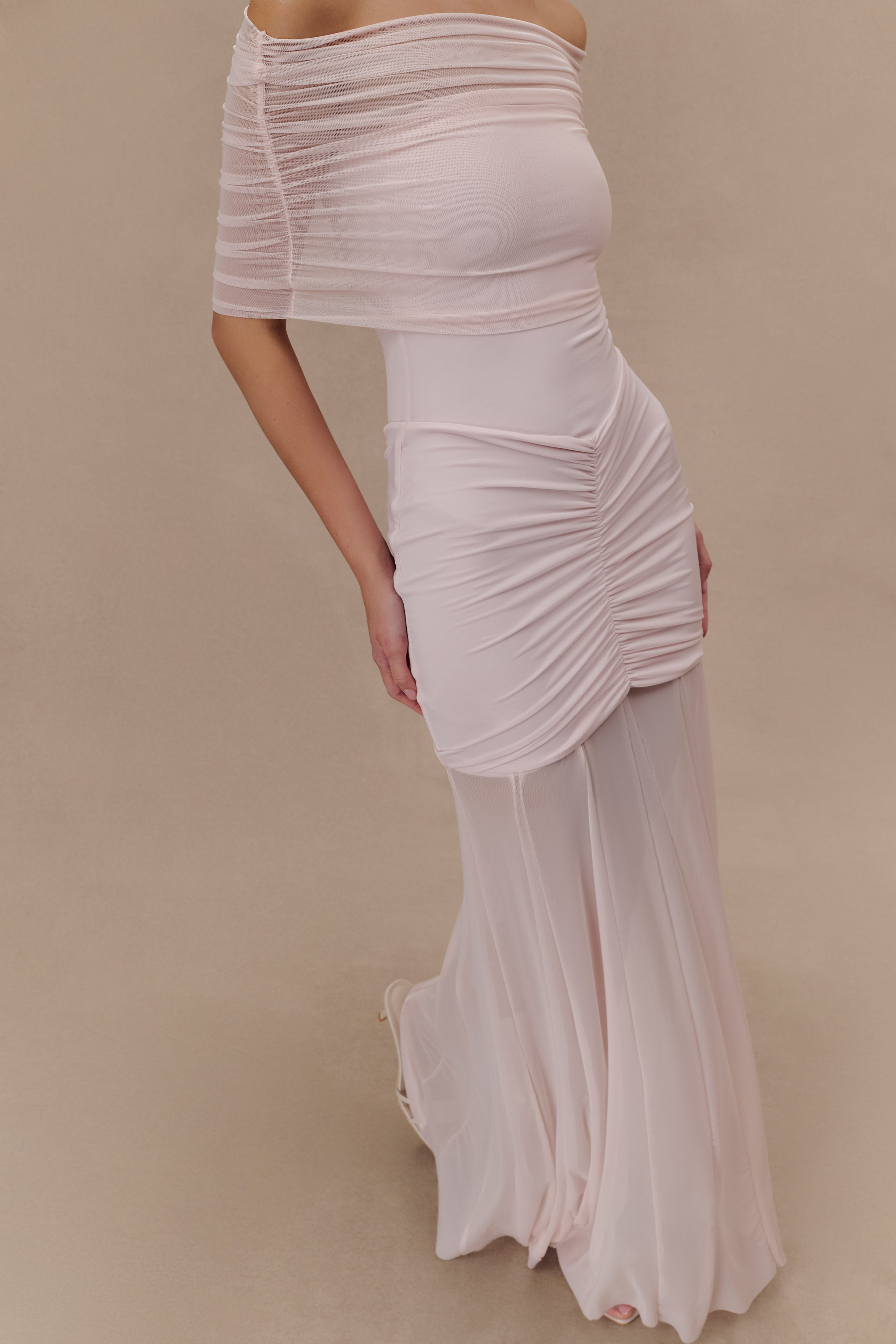 Pink Slinky And Mesh Off Shoulder Maxi Dress