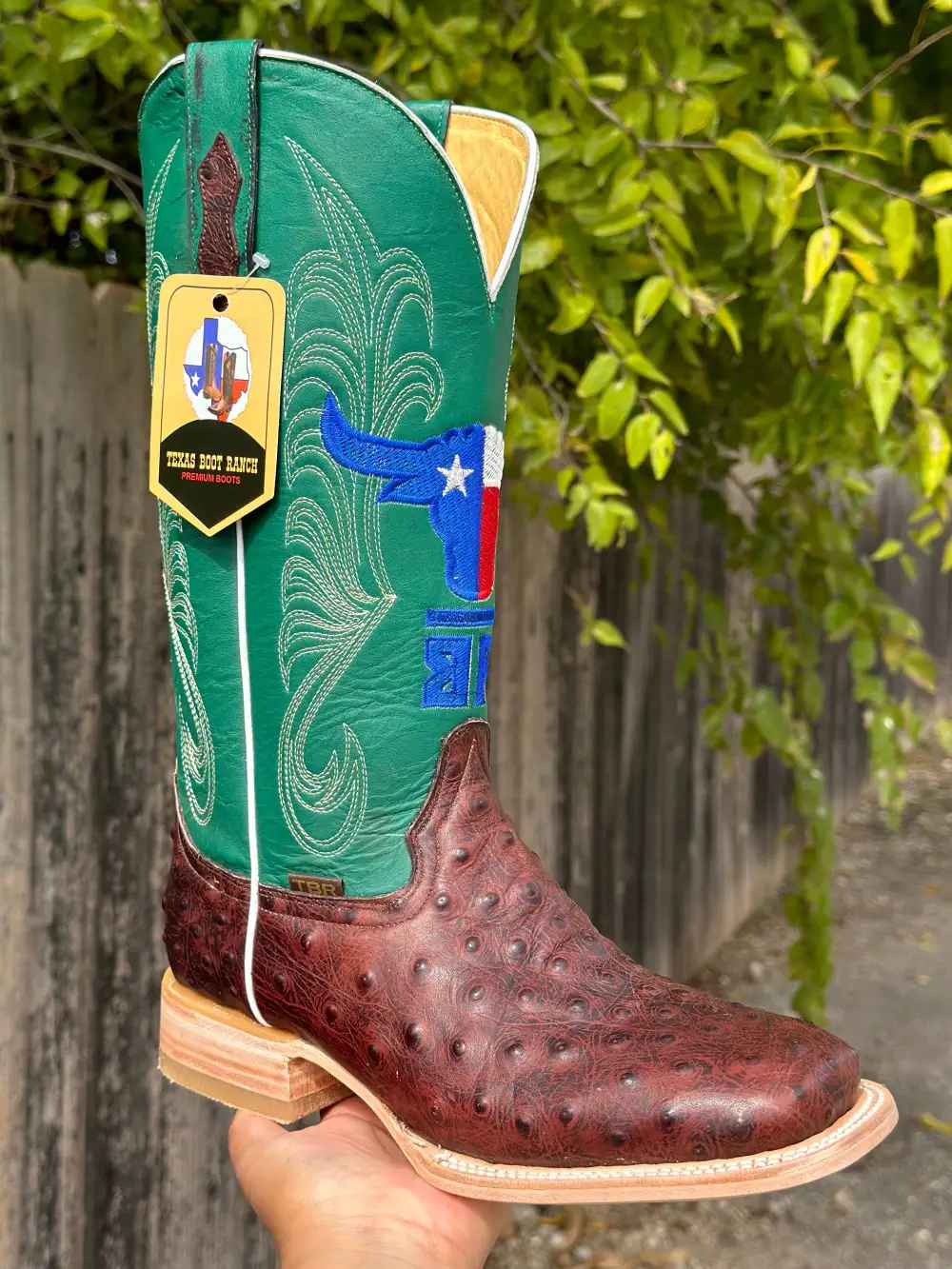 Men’s Chocolate Brown Ostrich Leather Boots With Green Shaft