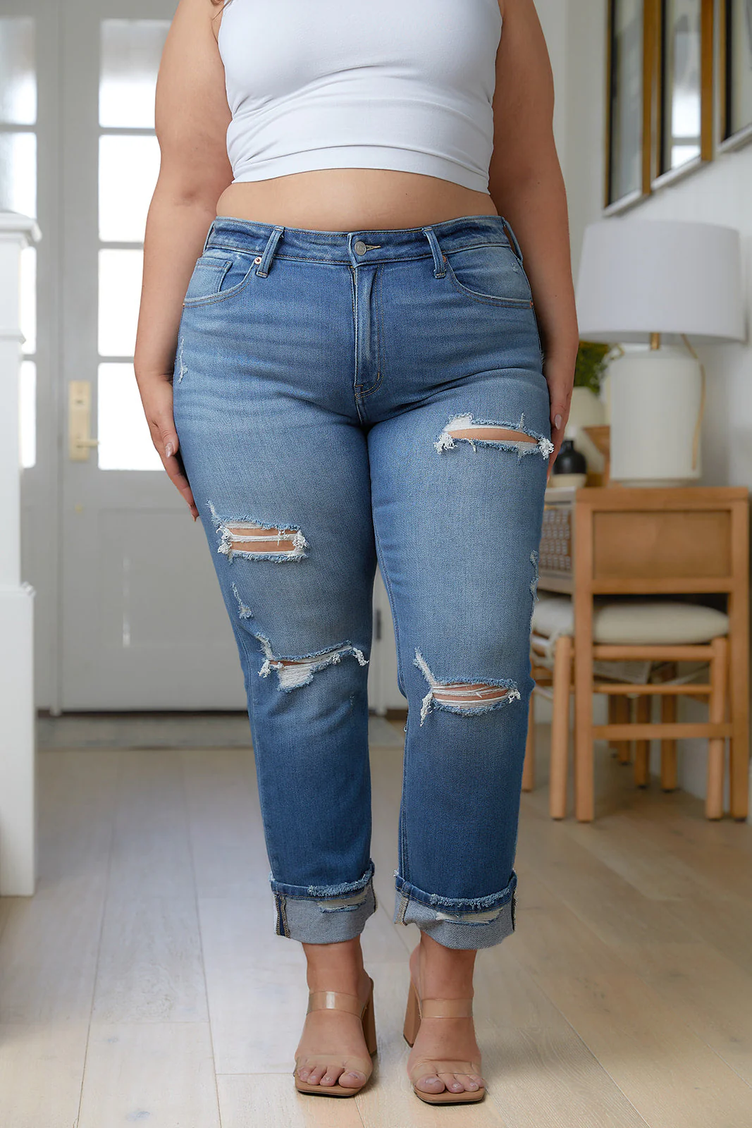 High Rise Distressed Straight Jeans