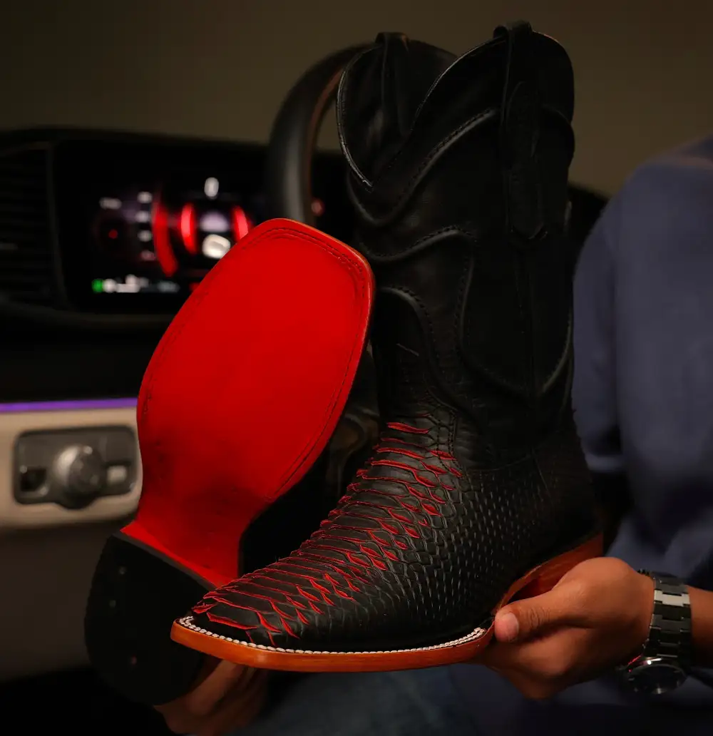 Matte Black Cherry Python Leather Boots - Square Toe