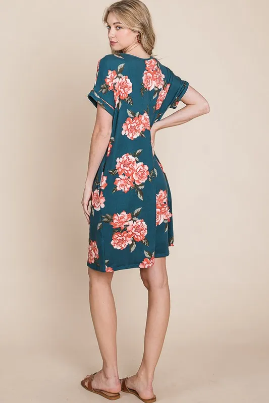 Floral Round Neck Short Tee Dress with Pockets