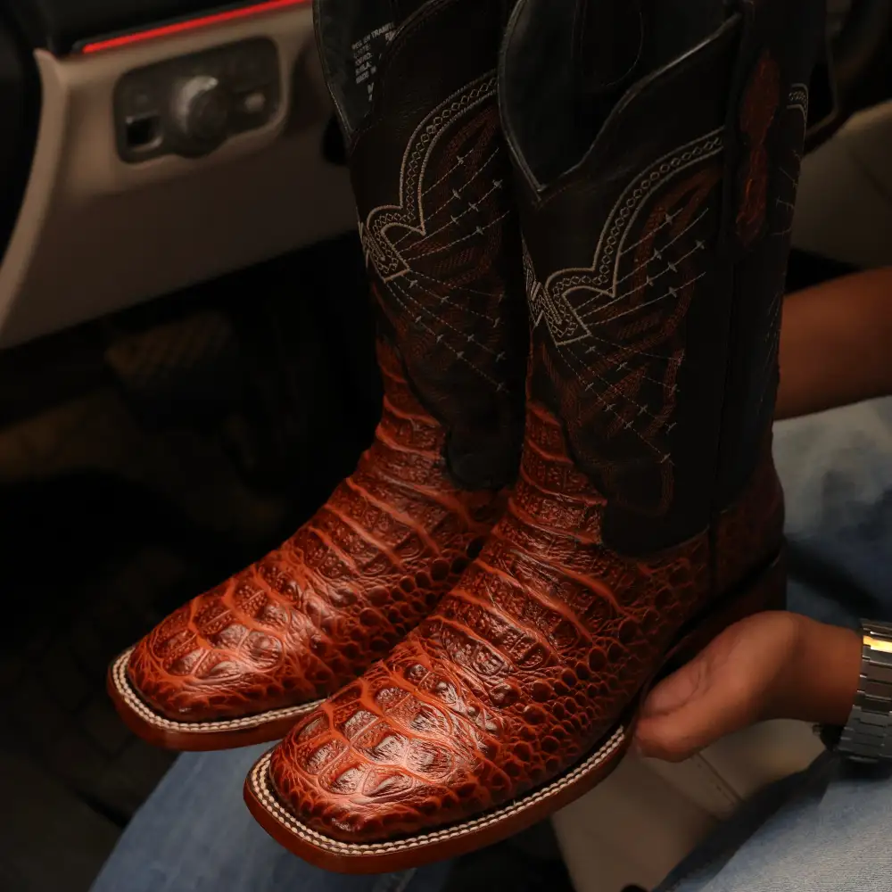 Cognac Caiman Neck Leather Boots - Square Toe