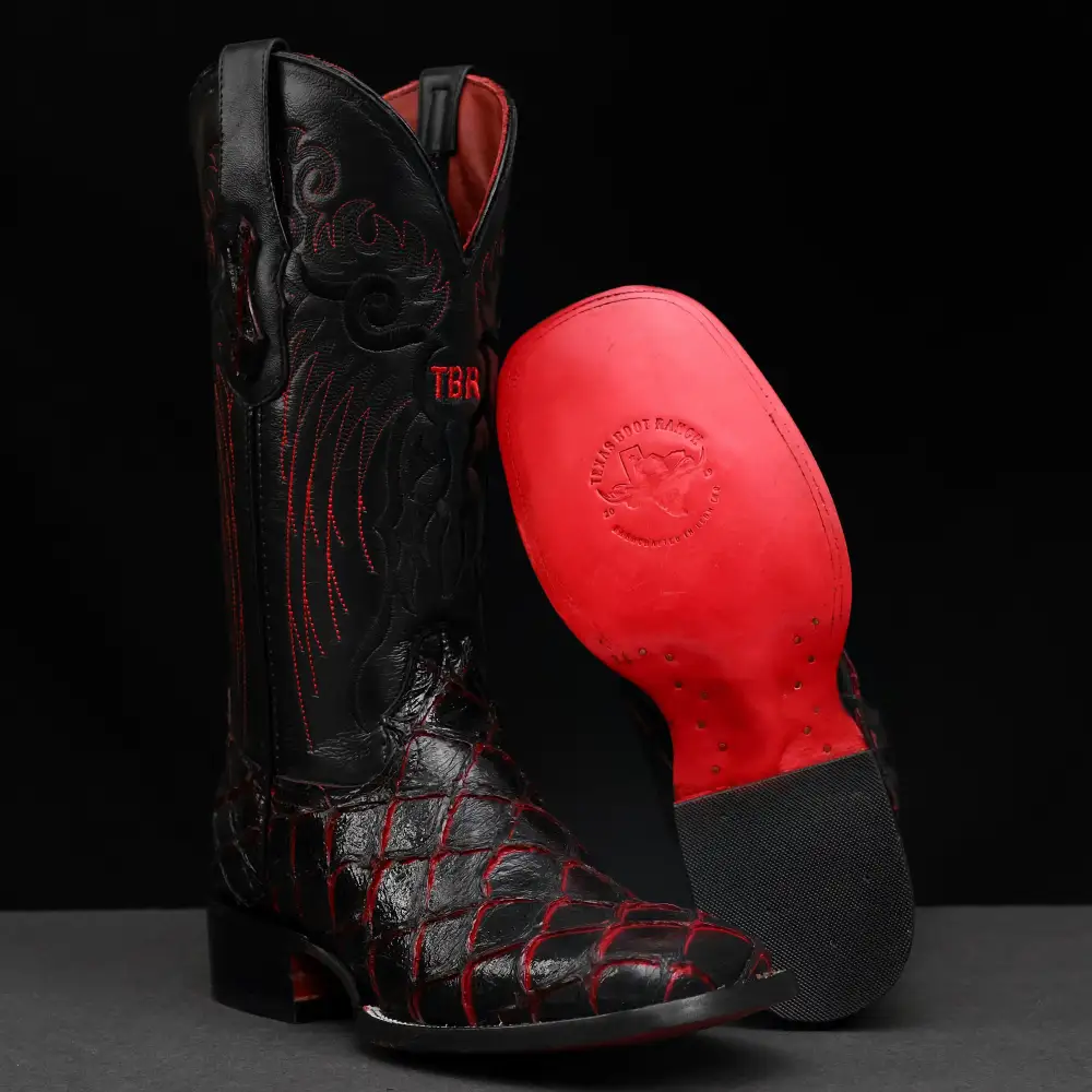 Black/Red TBR Pirarucu Leather Boots - Square Toe