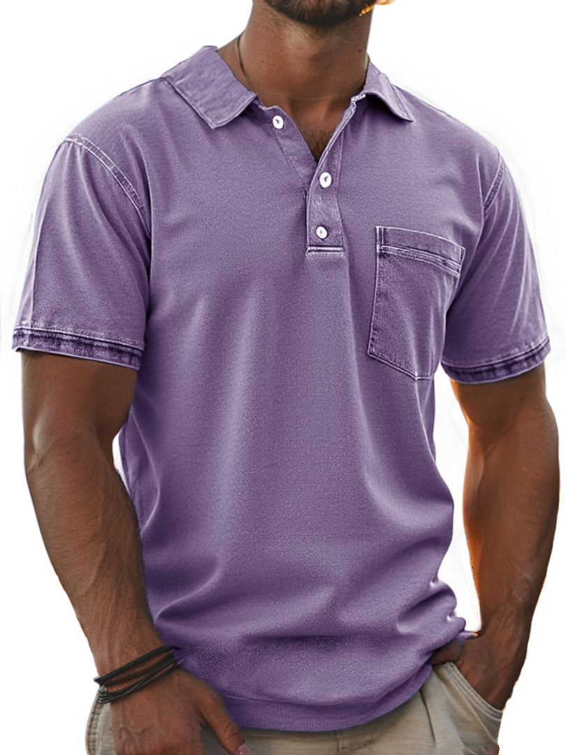 Men's Stylish Retro Pure Cotton Distressed Fabric Pocket Lapel Polo Shirt