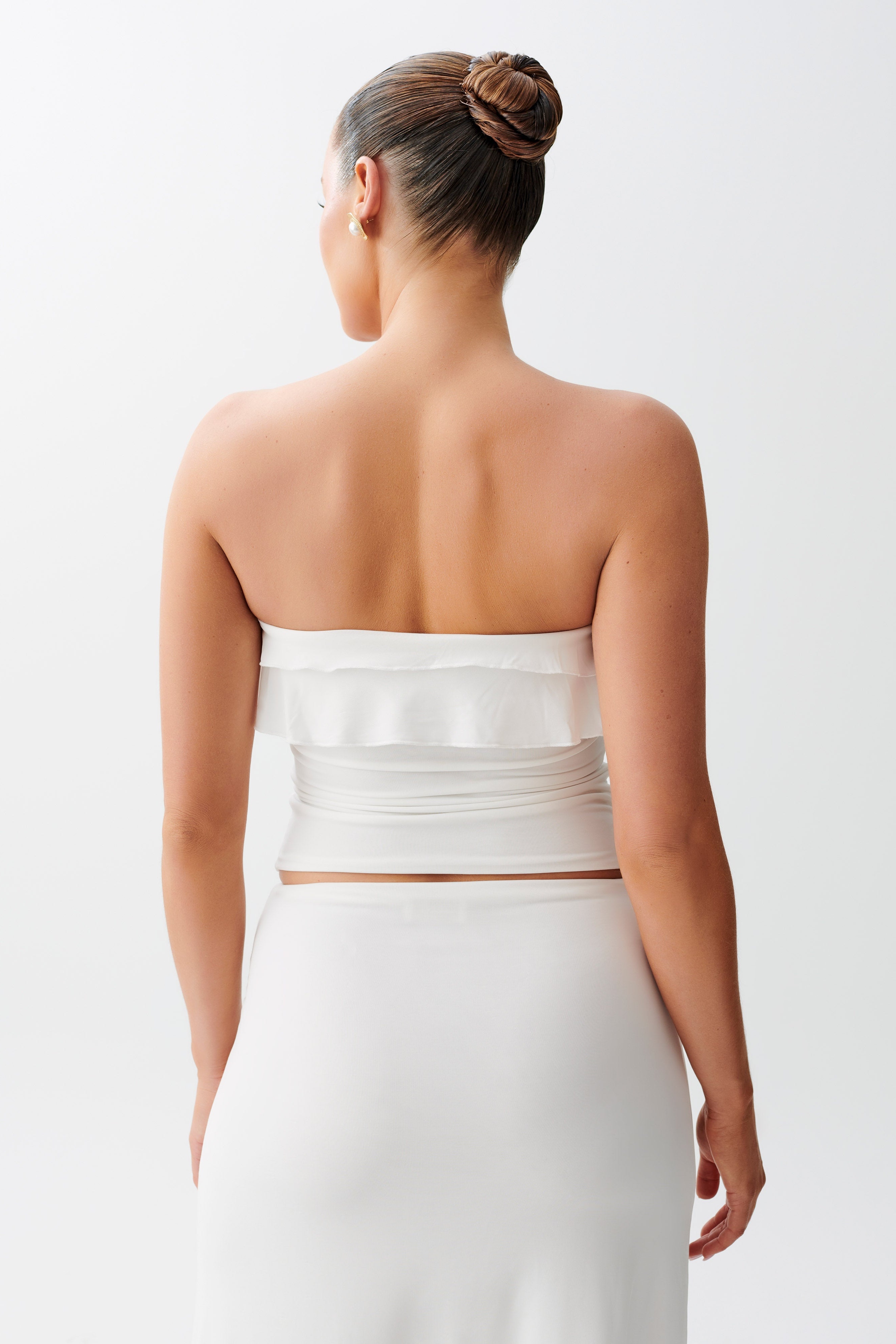 White Strapless Slinky Ruffle Top