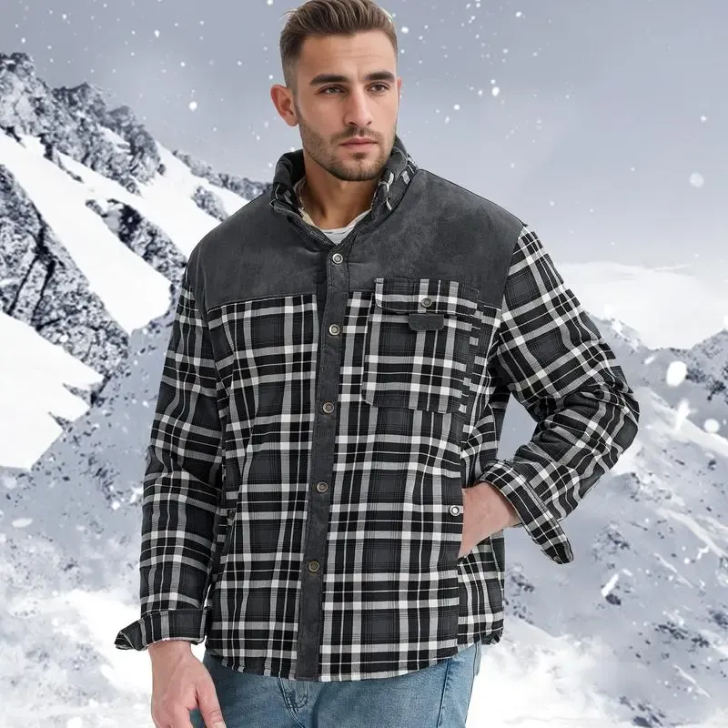 🔥Promotion Day Sale🔥Men's Sherpa Lined Plaid Jacket – Warm Fleece Outdoor Shirt Coat with Pockets