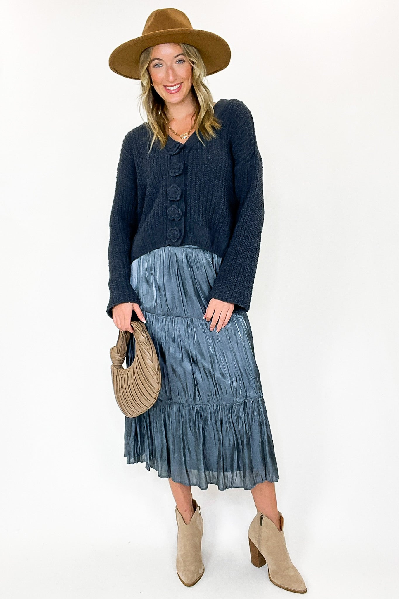 Captivating Delight Tiered Crinkle Shimmer Satin Skirt