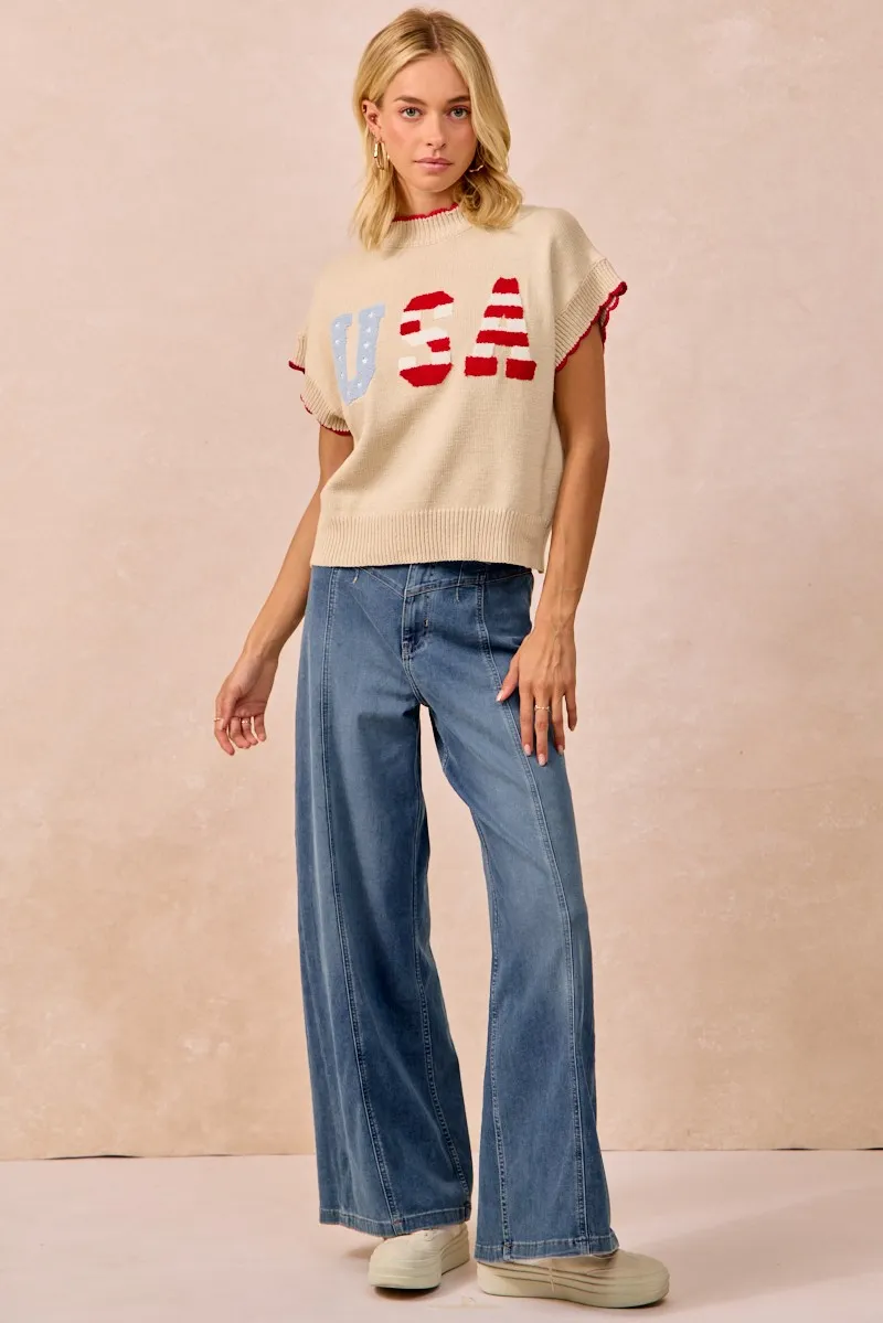 USA Patchwork Sweater Vest Top With Contrast Detail