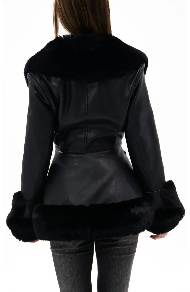 Clearance Sale*KENZY FUR TRIM PEPLUM MOTO IN BLACK BROWN