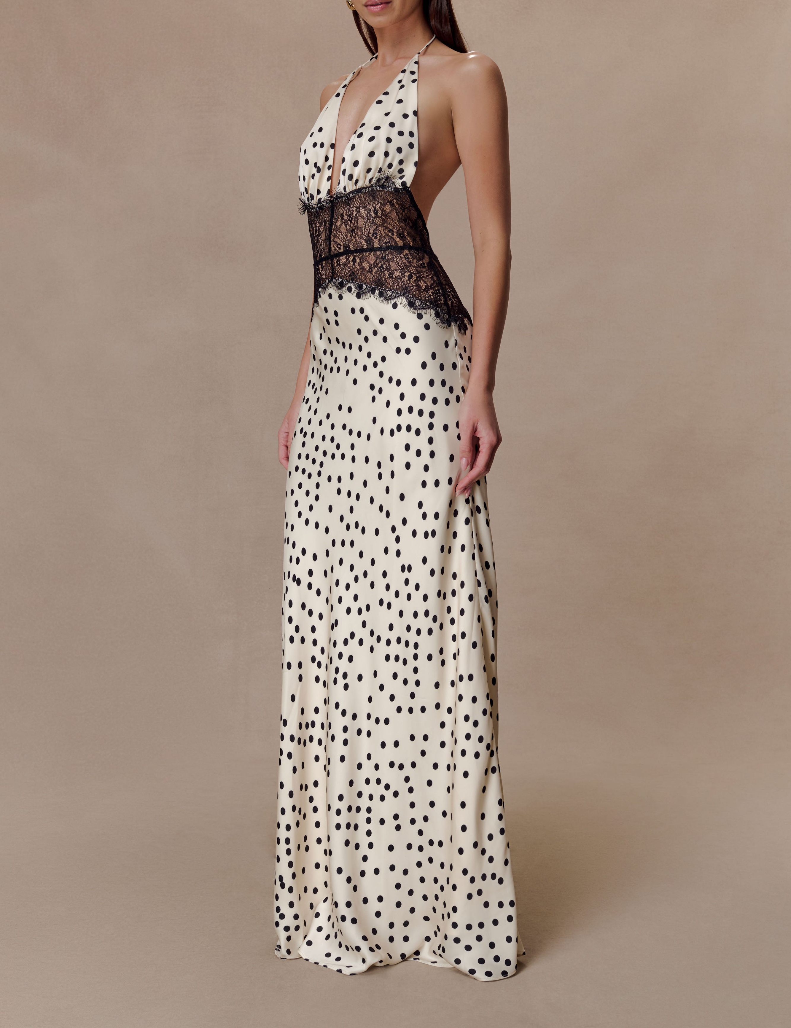 Polkadot Lace And Satin Maxi Dress
