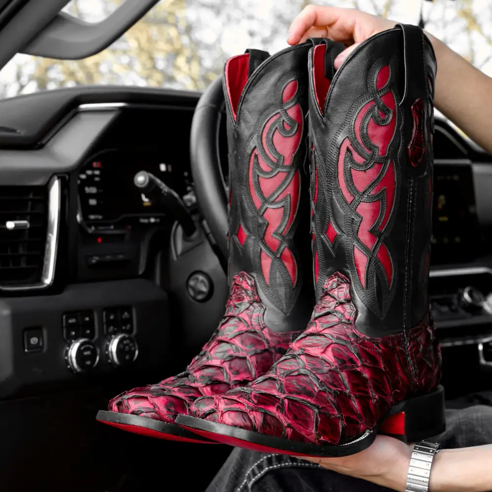 Genuine Black Cherry Pirarucu Boots - Square Toe