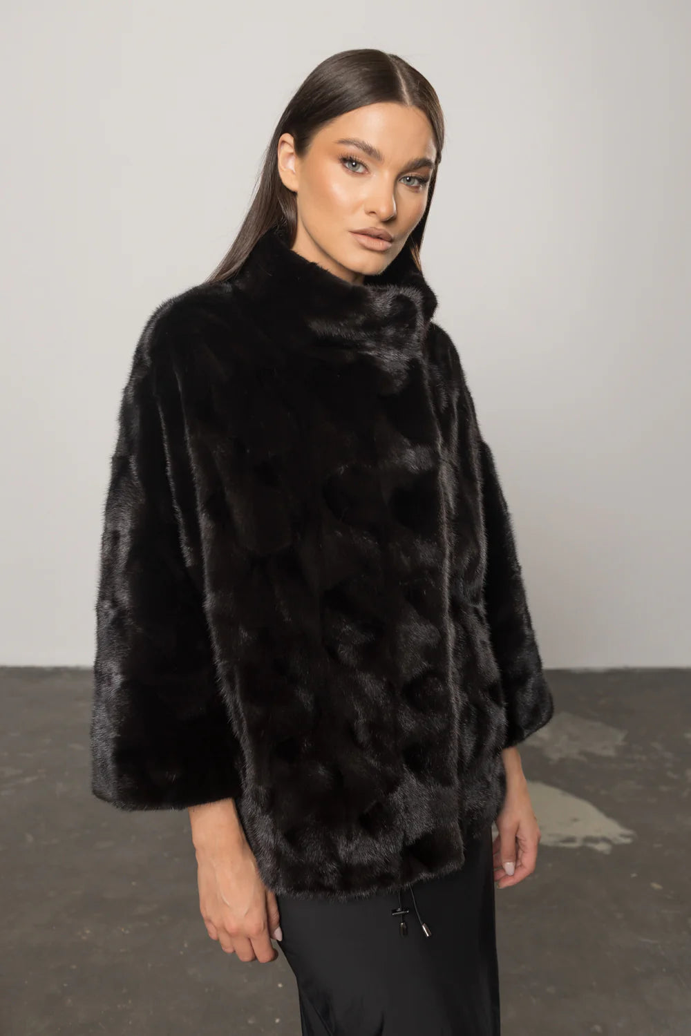 Haină din Blană Naturală de Vizon, Mâneci 3/4, Femei, Obsidian 401