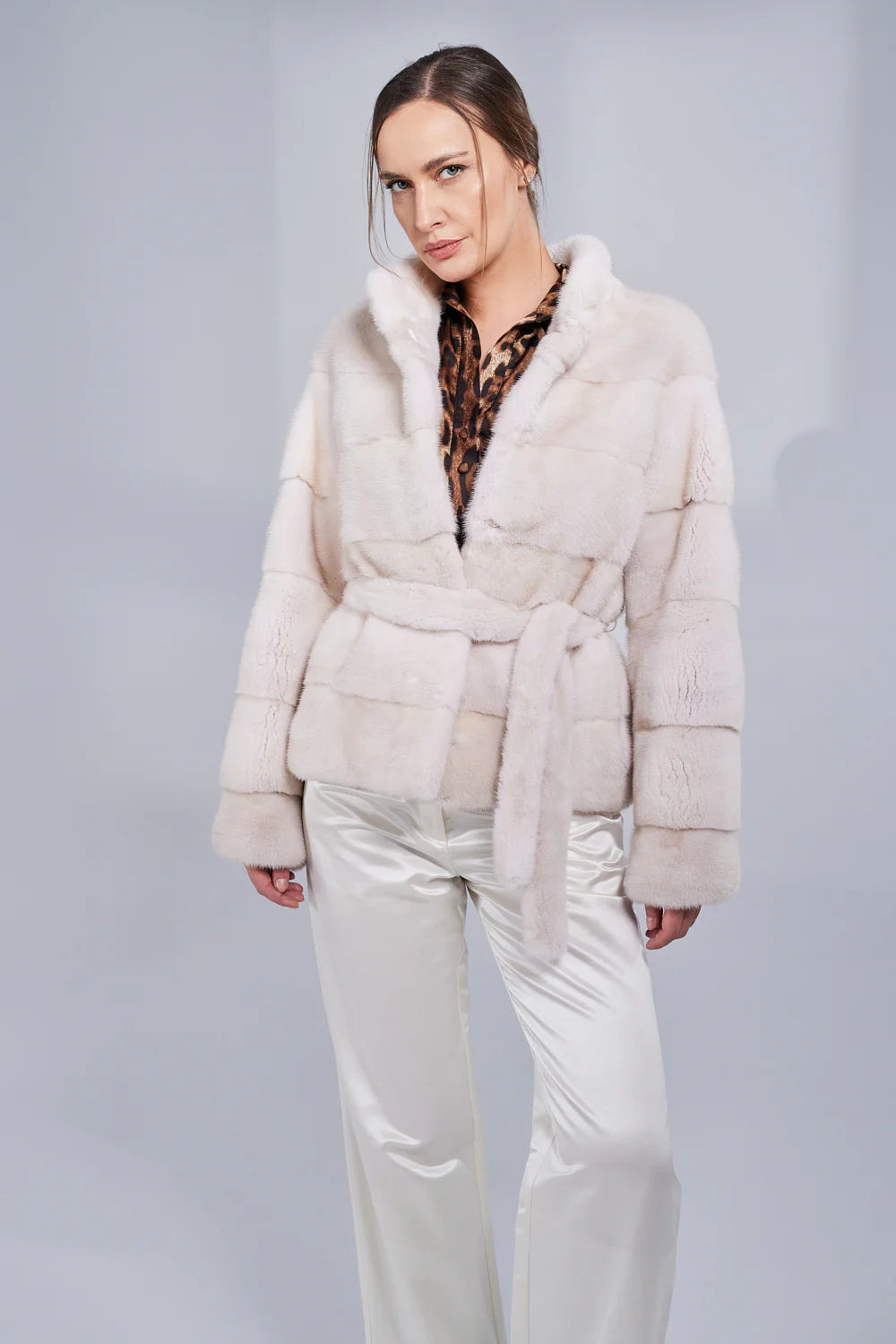 Haină din Blană Naturală de Vizon, cu Cordon, Femei, Pearl 193