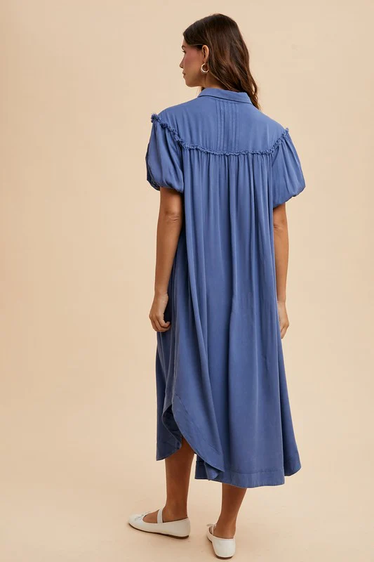 Wear Mineral Washed Button Down Puff Sleeve Shirt Dress