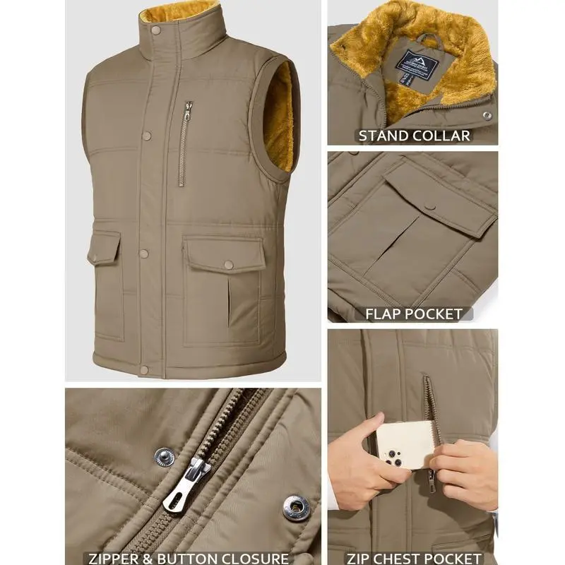 Mens Winter Vests Outerwear Fleece Lined Puffer Vest Warm Casual Quilted Vest Bubble Sherpa Vest Jacket