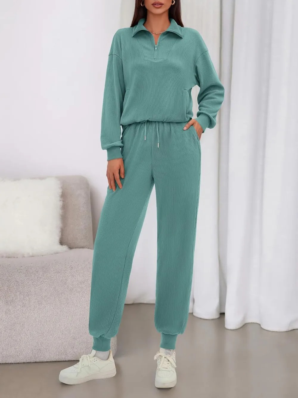 Women's Long Sleeve Half Zip Sweatshirt Sweatpants Lounge Set Sweatsuits with Pockets