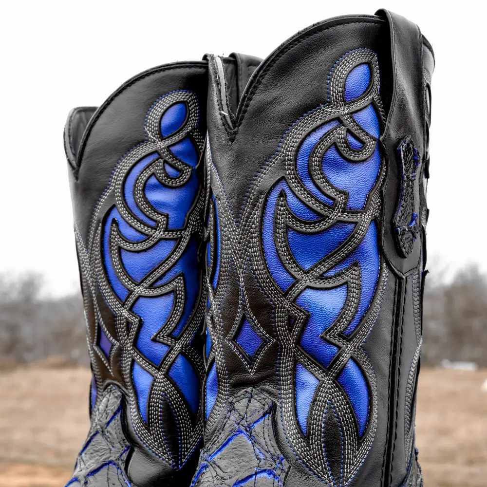 Black/Blue Pirarucu Leather Boots - Square Toe