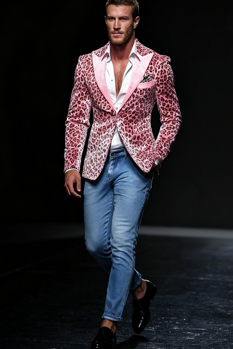 Men's Pink Leopard Print Single-Breasted Blazer