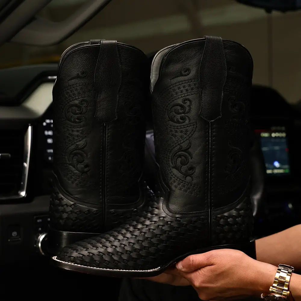 Black Basketweave Leather Boots - Square Toe