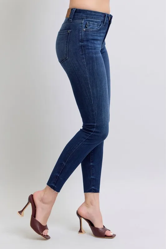 Blue Full Size Mid Rise Skinny Jeans with Raw Hem Plus Size
