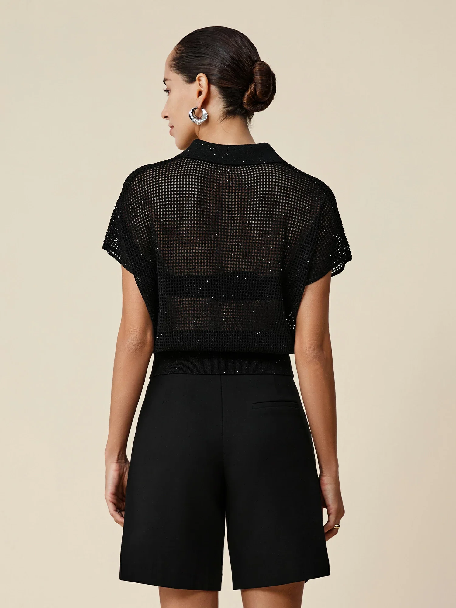 Lyocell & Linen Polo Neck Sequin Openwork Shirt
