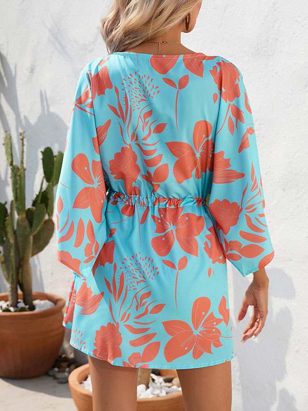 Buttoned Drawstring Flower Print A-Line Half Sleeves V-Neck Mini Dresses