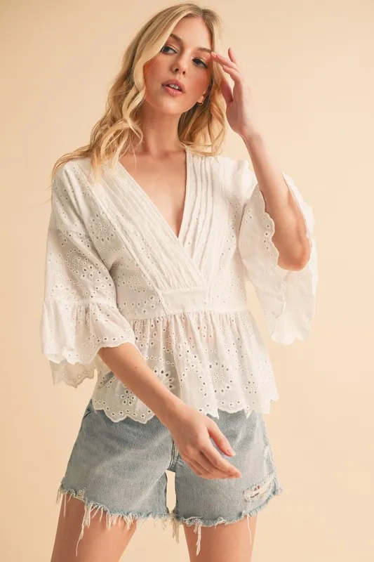 Flounce Sleeve Eyelet Peplum Top