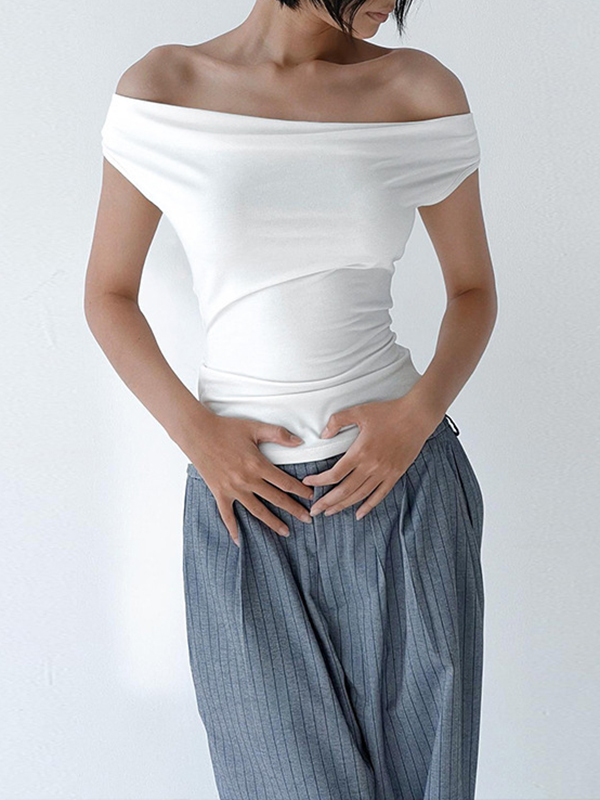 Backless Lace-Up See-Through Solid Color Split-Joint Loose Skinny Off-The-Shoulder T-Shirts Tops