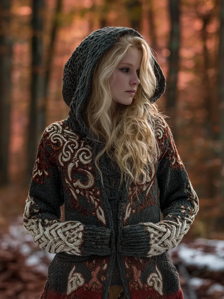 Women's Viking-style Winter Warm Hooded Knitted Sweater Coat