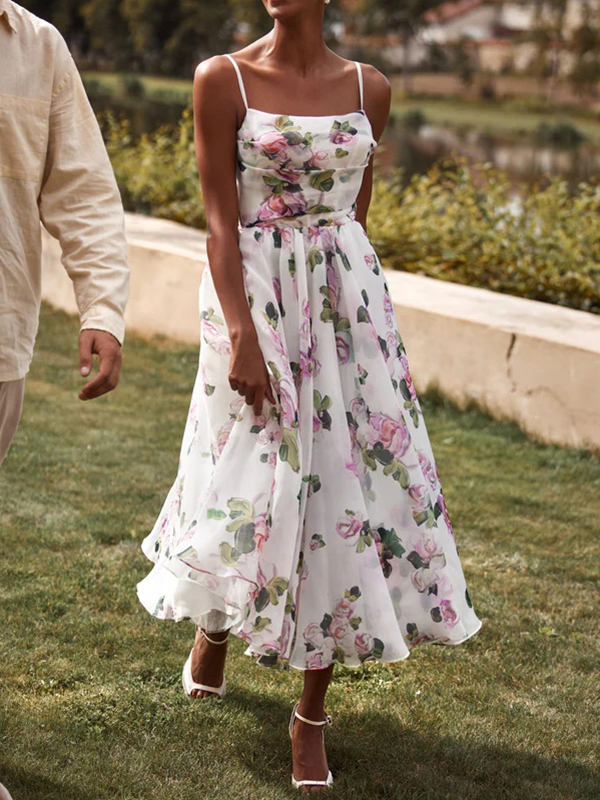 Flower Printed Ruffled Pleated Sleeveless Spaghetti-Neck Chiffon Midi Dresses