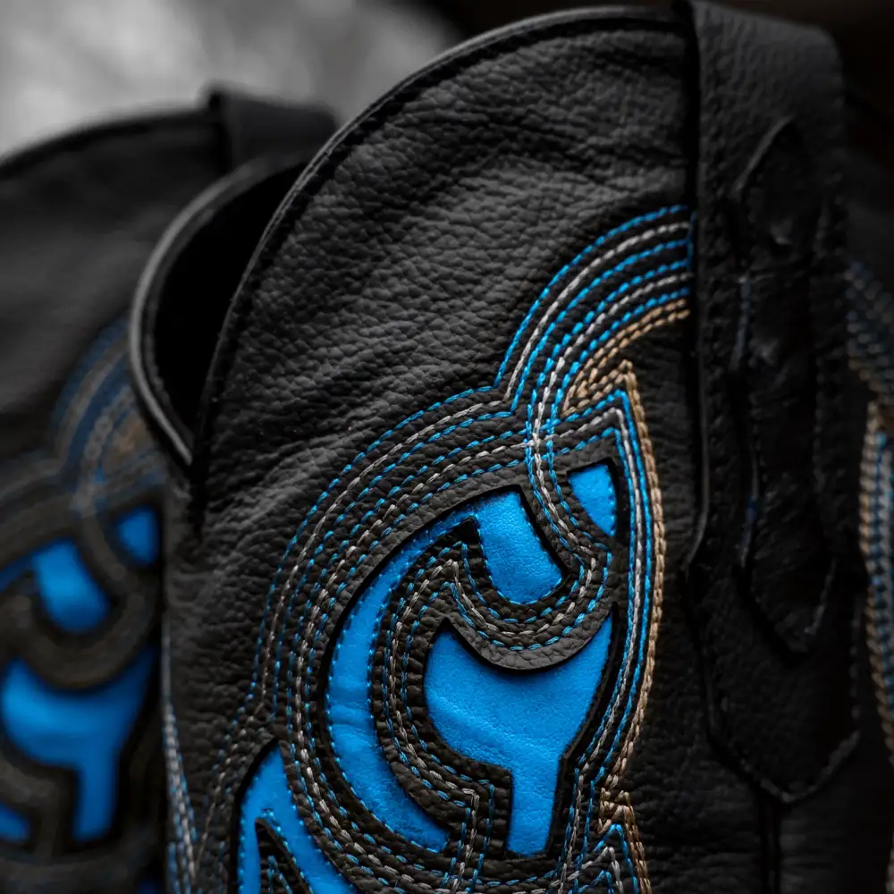 Black/Blue Ostrich Leather Boots - Square Toe