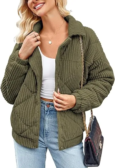 Women's Bomber Jacket Corduroy Ribbed Quilted Zip Up Long Sleeve Winter Coat Fall Outerwear Tops with Pockets