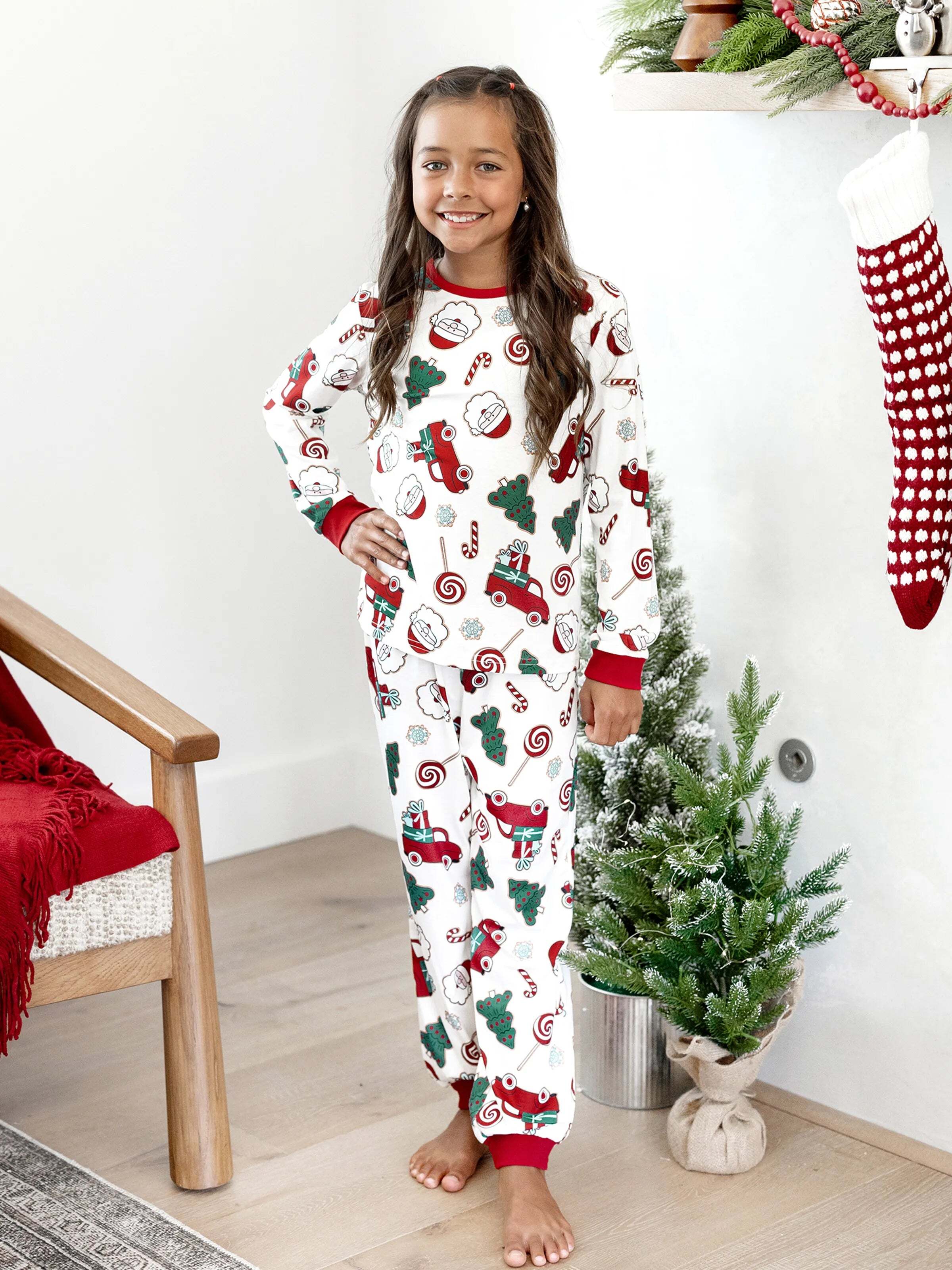 Christmas Matching Family Pajamas Set Santa Claus and Christmas Tree Print White PJS with Christmas Socks White