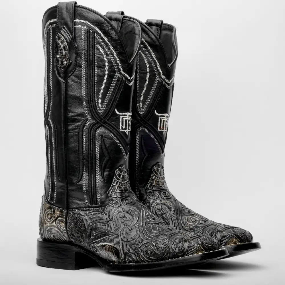 “Ace Of Spades” Grey/Black Leather Boots - Square Toe