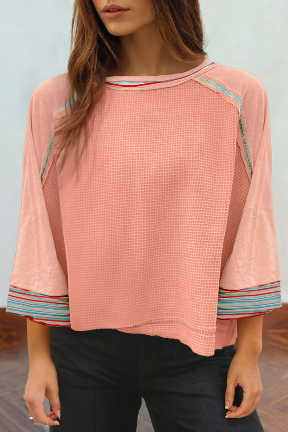 Meadow Mist Waffle Knit Wide Bracelet Sleeve Patchwork Raglan Top
