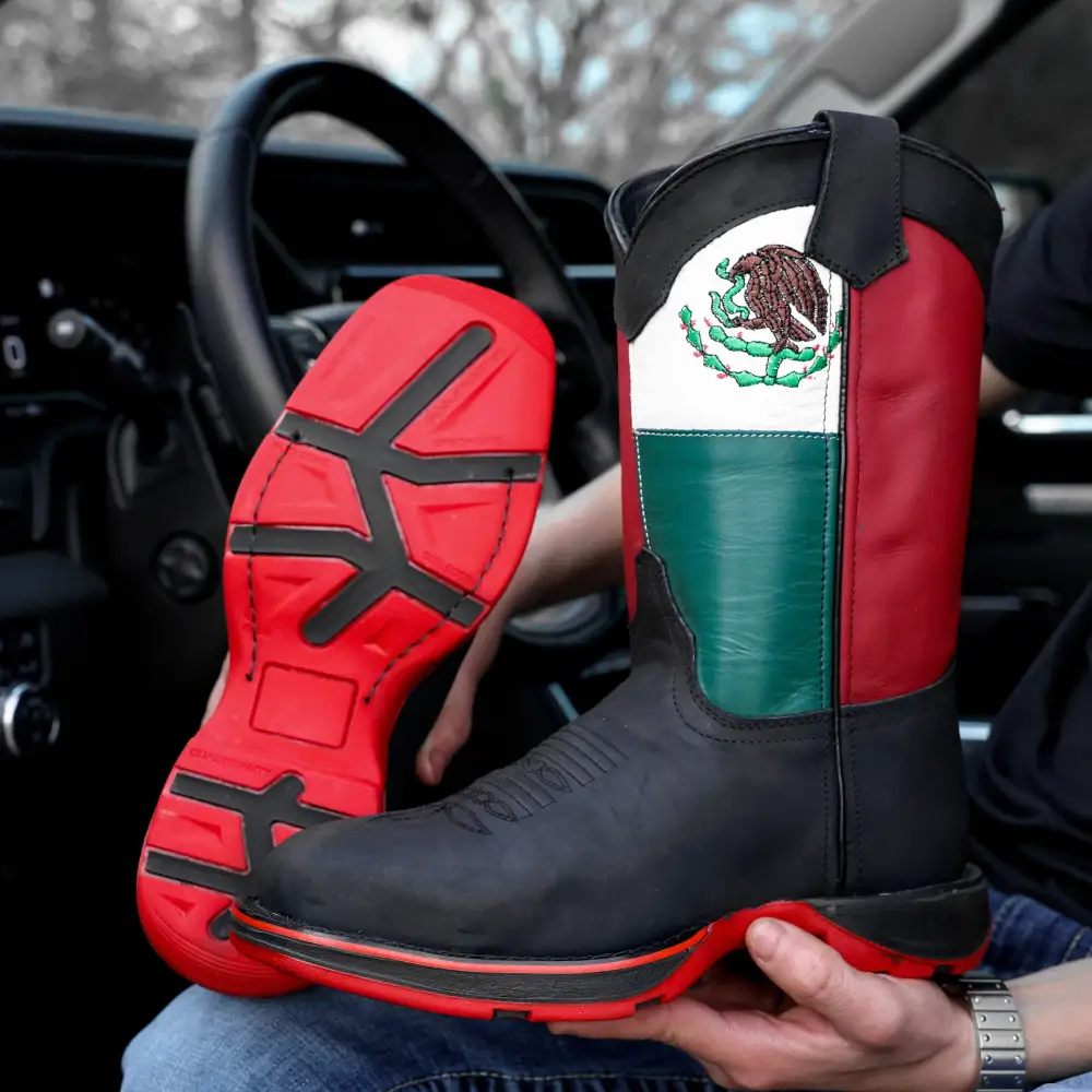 Black MEXICO Flag Leather Work Boots - Composite Toe